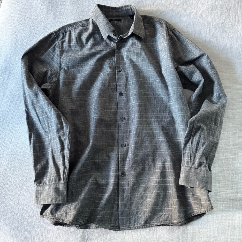 Theory Men’s Grey Herringbone Plaid Button Down Shirt - Large